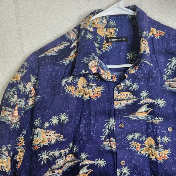 Pierre Cardin Vtg Blue Tropical Surfer Beach Scene ButtonUp Cotton Shirt Size XL - Picture 11 of 16